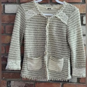 MISS ME Fringe Tweed Shimmery Cardigan Lace Detail Hook Closure
